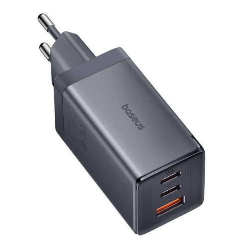Baseus GaN5 Power Charger, 2x USB-C + USB, 65W teljesítmény + 1 méteres kábel (szürke)
