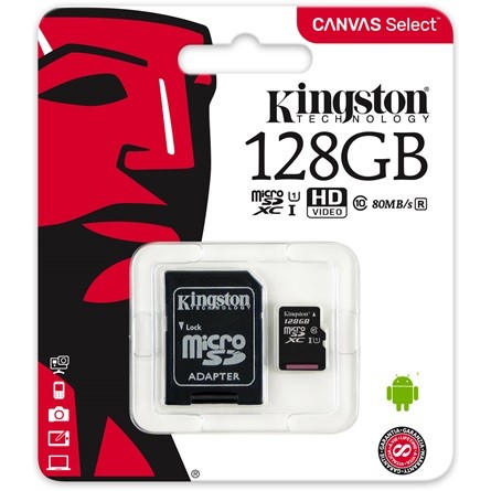 Kingston 128GB Canvas Select 80R Class 10 UHS-1 microSDXC memóriakártya adapterrel