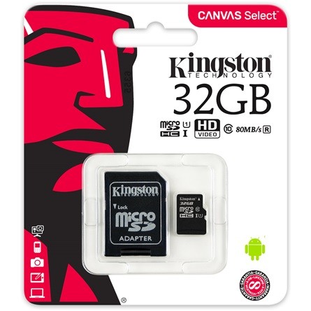 Kingston 32GB Canvas Select 80R Class 10 UHS-1 microSDHC memóriakártya adapterrel